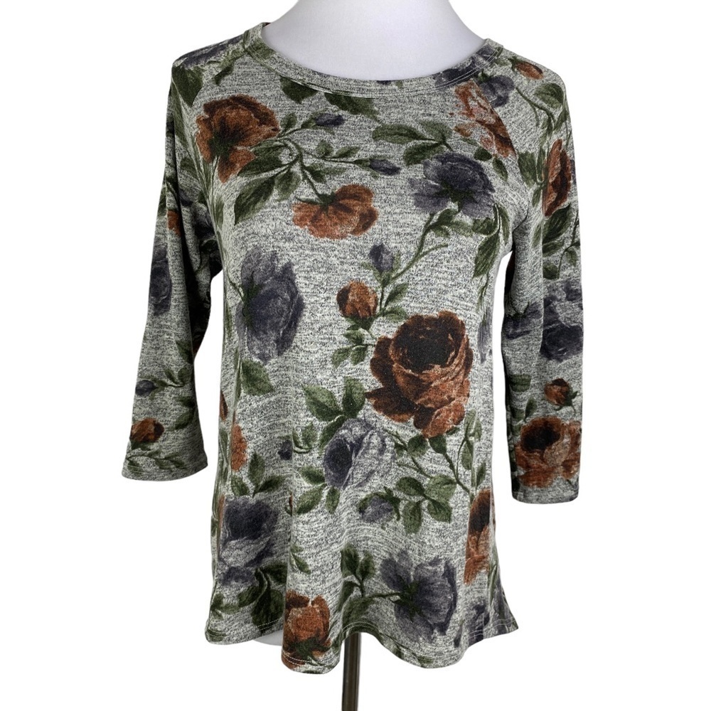 Rue Juju Floral Button Back Blouse Women's Medium Gray Purple Rust‎